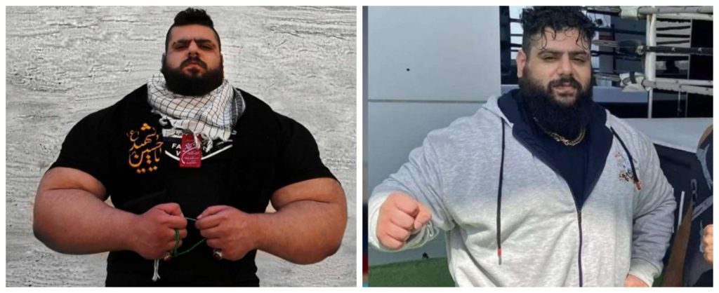 Iranian Hulk on his social media (left) vs Iranian Hulk at the face off in Dubai (right)