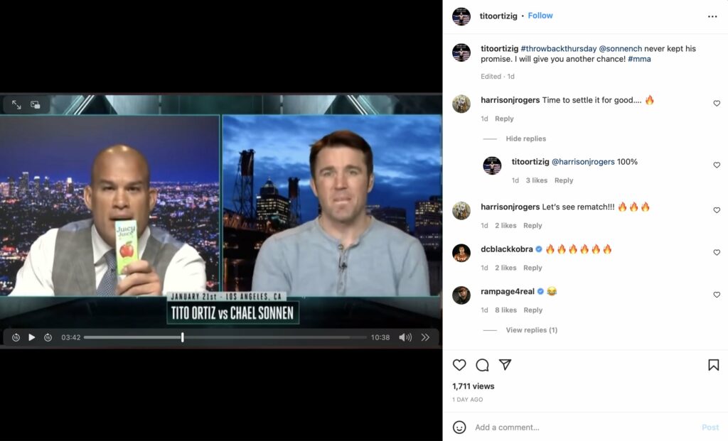 Ortiz captioned the post: “(Chael Sonnen) never kept his promise. I will give you another chance!”