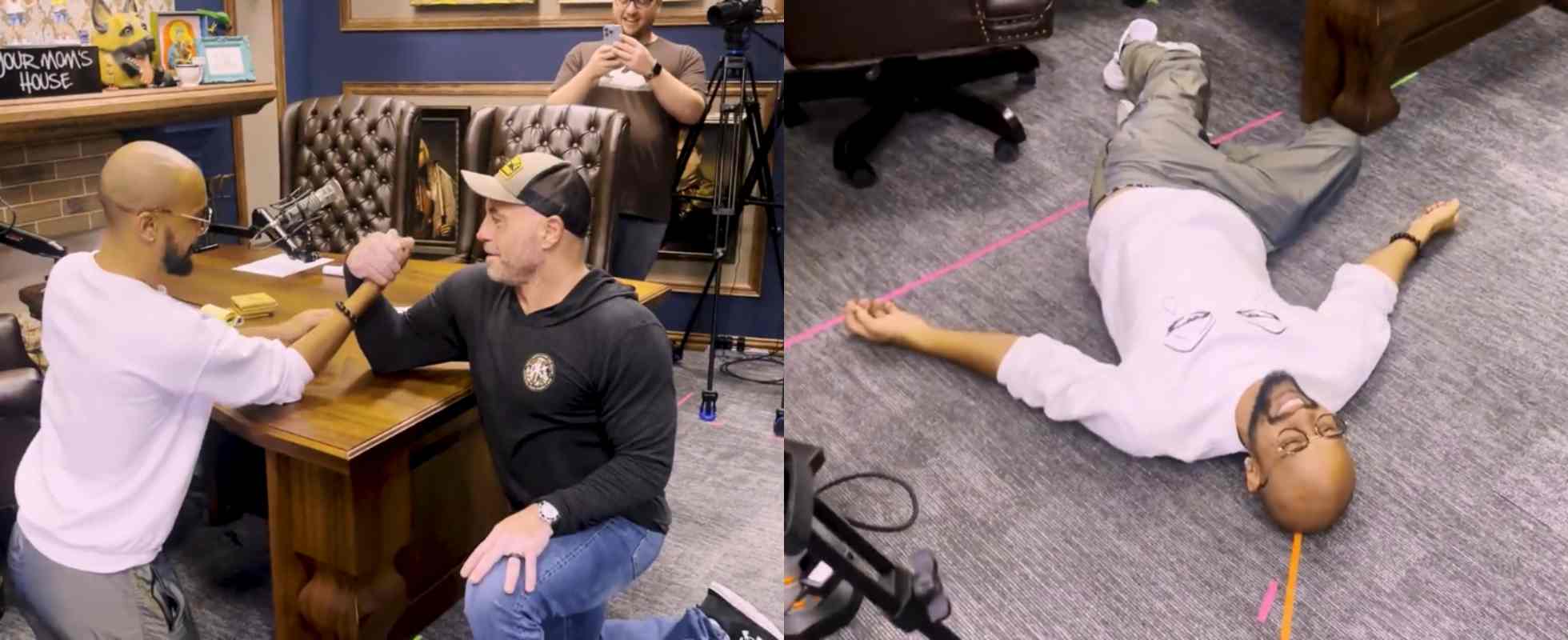 (Video) Joe Rogan laughs through an arm wrestling challenge match