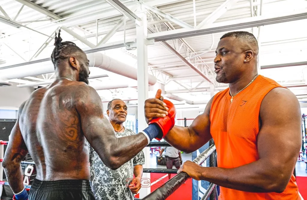 Ngannou shaking hands with Deontay Wilder